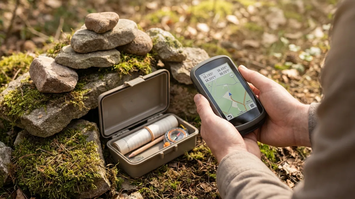 Une personne utilise un GPS pour trouver une boîte cachée dans la nature lors d'une session de géocaching.